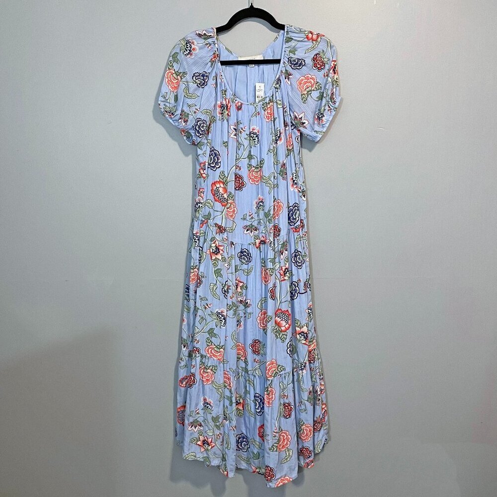 Last Call! New Loft Floral Rayon Tiered Puff Sleeve Midi Dress Blue Small - Picture 2 of 7